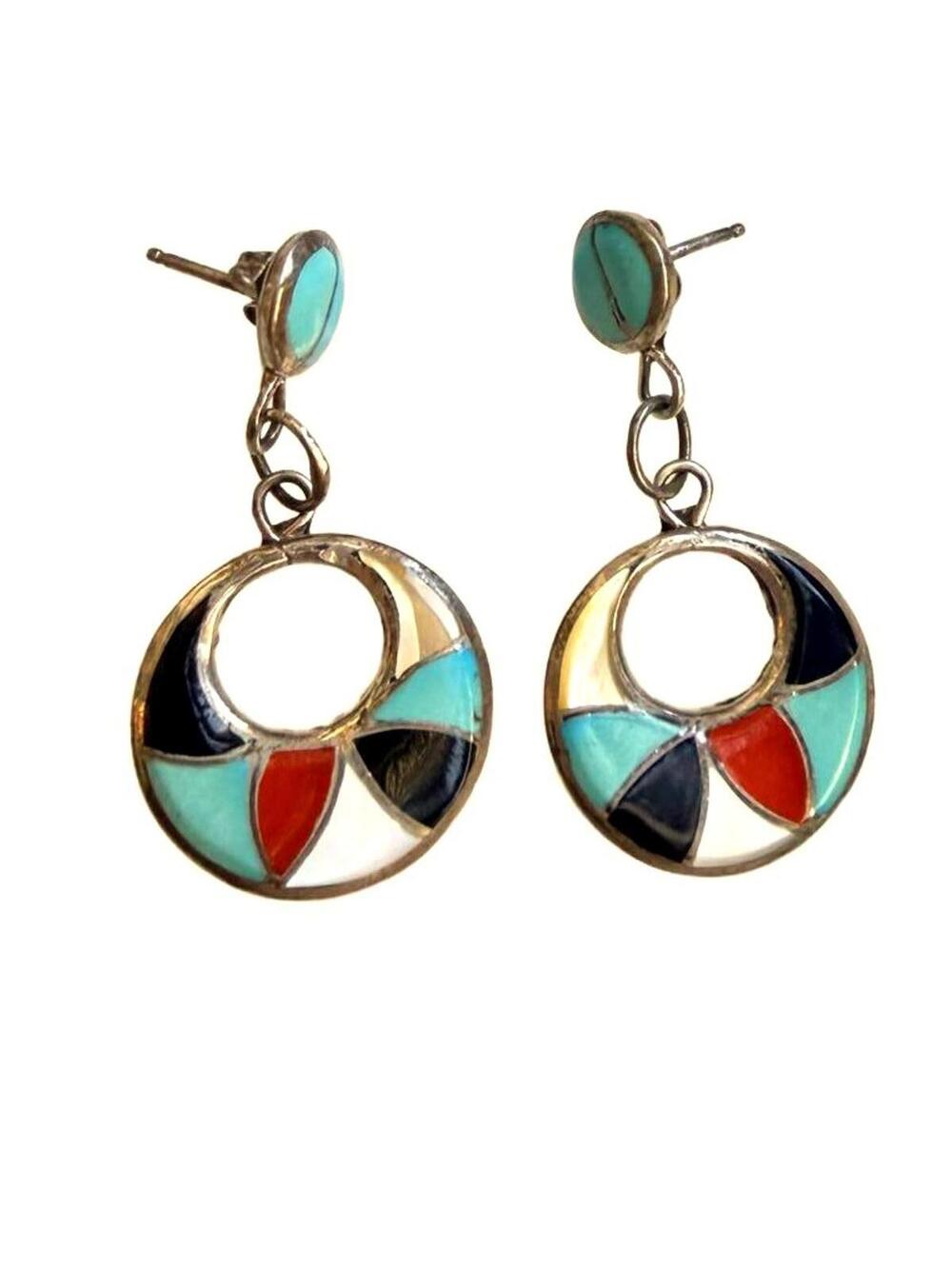 Zuni Sterling Inlay Dangle Earrings Turquoise Coral Onyx